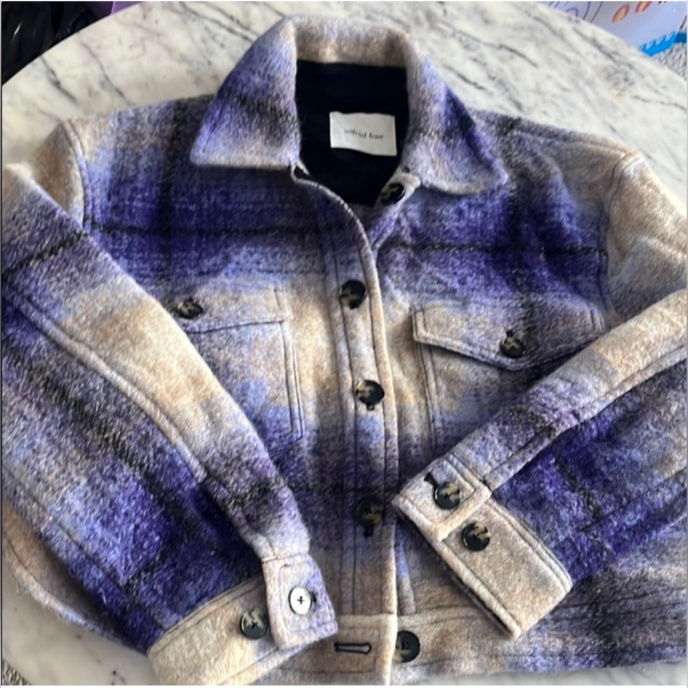 SOLD Aritzia Wilfred Free Autumn Shirt Jacket Crop Purple and Cream Plaid Sz M - Picture 4 of 9